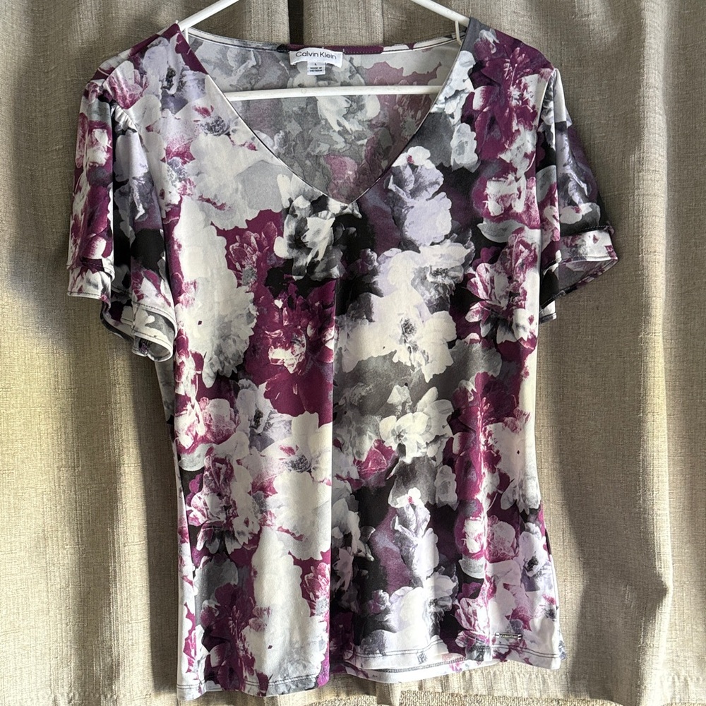 Calvin Klein Purple and Gray Floral Blouse Flatter Sleeve L - Picture 2 of 8